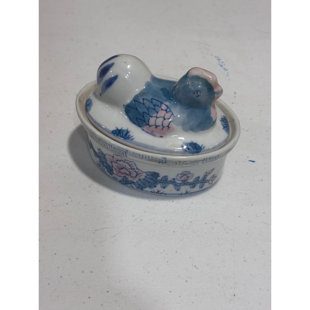 Vintage Hand Painted Porcelain Hen on Nest Trinket Box Blue Pink Floral Chicken